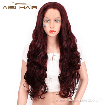 Aisi Hair Top Quality Long Wavy Wine Red Wig Body Wave Lace Front Wig Synthetic Party Front Lace Hair Wigs For Black White Women